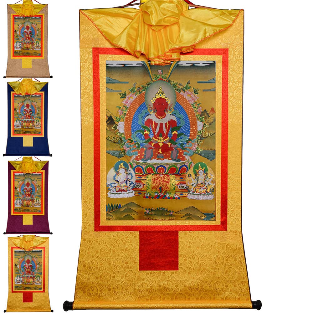Gandhanra Thangka Tibetano - Amitayus Thangka - Buddha della vita infinita - Tsepame Thangka - Arazzo di Buddha a Stampa Dorata per Decorazione Zen, Meditazione, Rilassamento Spirituale e Pace