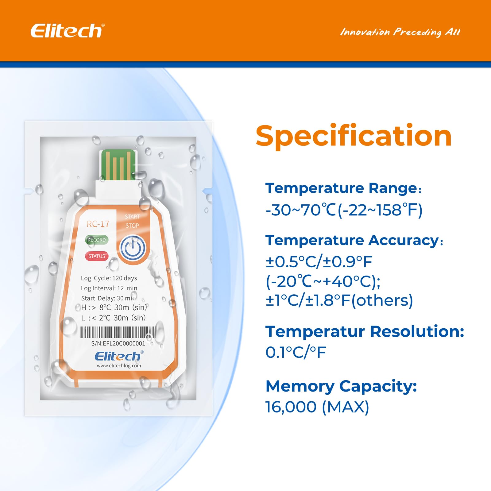 Elitech Enregistreur de Température USB à Usage Unique RC-17 5Pcs, Paramètres Réglables, Enregistrement 120 Jours pour Chaîne du Froid Aliments Médicaments, Étanche IP67, Export Auto PDF