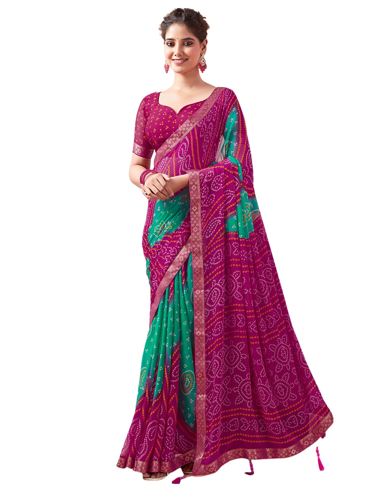 SAMAH Women's Bandhani Printed | Leheriya Printed Chiffon Saree with Unstitched Blouse Piece