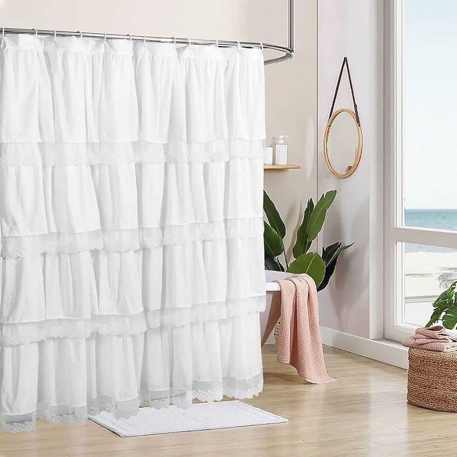 Elegant Off White Shower Curtain with Handmade Ruffles and Lace Trim, 72" x 72" Soft Microfiber Shower Curtains for Boho, Farmhouse, and Vintage Bathroom Decor, Machine Washable