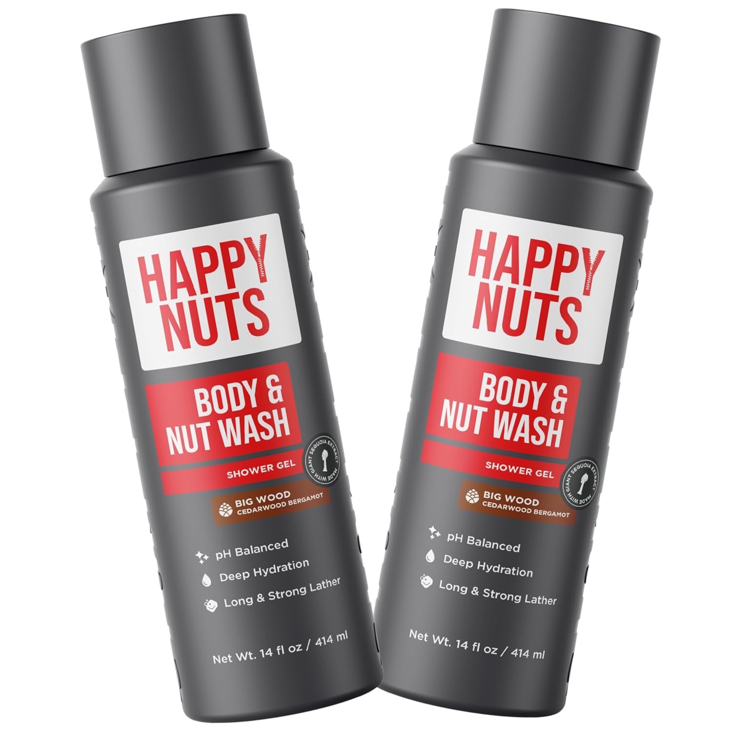 HAPPY NUTS Big Wood Body and Nut Wash - Moisturizing Men's Shower Gel, Natural Bodywash with Deep Cleanse for Sensitive Skin - Men's Soap (2 Pack, Big Wood)