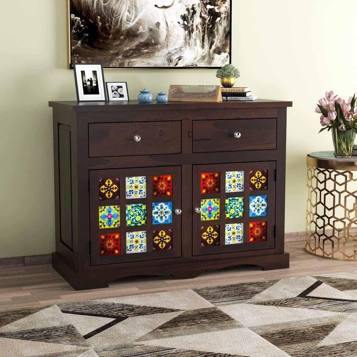 Solid Sheesham Wood Sideboard and Cabinets | Wooden Side Board Small with Multicolor Tiles Living Room | Free Standing Buffet Cabinet with 2 Drawers & 2 Door Storage, Walnut Finish
