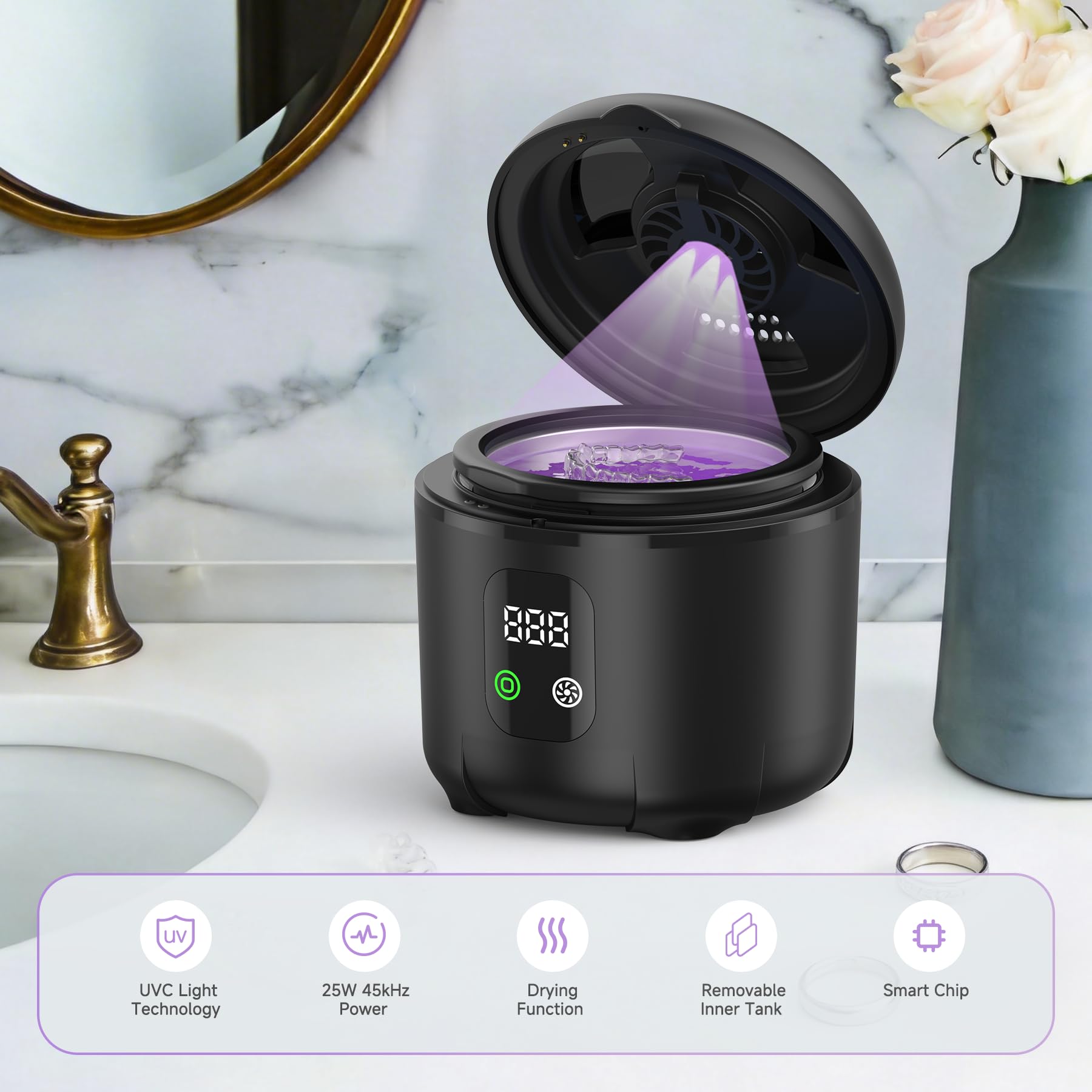 Ultrasonic Retainer Cleaner 25W Portable Ultrasonic Denture Cleaner Multi-Mode 45KHz with Drying and Removable Inner for Dental Trays, Braces, Jewelry, Toothbrushes, Mouth Guards, Aligners,Ring Black - 2
