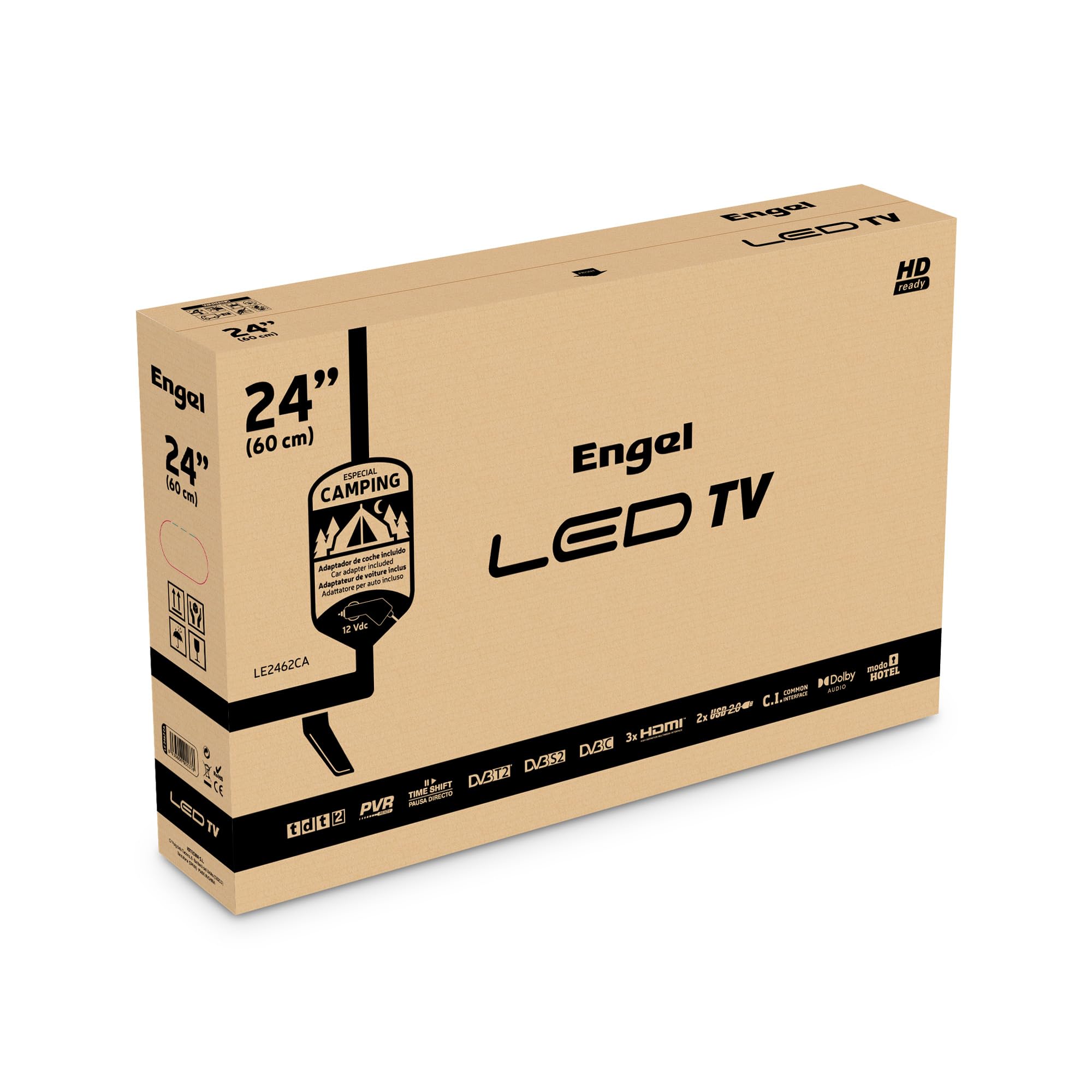 Engel TV LED 24” LE2462CA HD Ready con adattatore 12–24 V per caravan e campeggio, DVB-T2/S2/C, PVR e Time-Shift, Dolby Audio, 3 HDMI, 2 USB, modalità Hotel