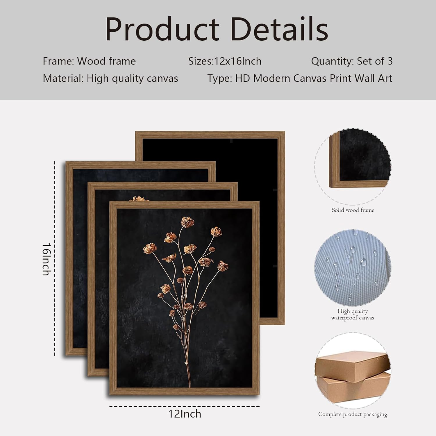 3 Pcs Moody Dried Flower Canvas Wall Art For Bedroom Dark Vintage Floral Framed Wall Art Rustic Aesthetic Botanical Art Prints for Living Room Bathroom 12x16 inch Ready to Hang