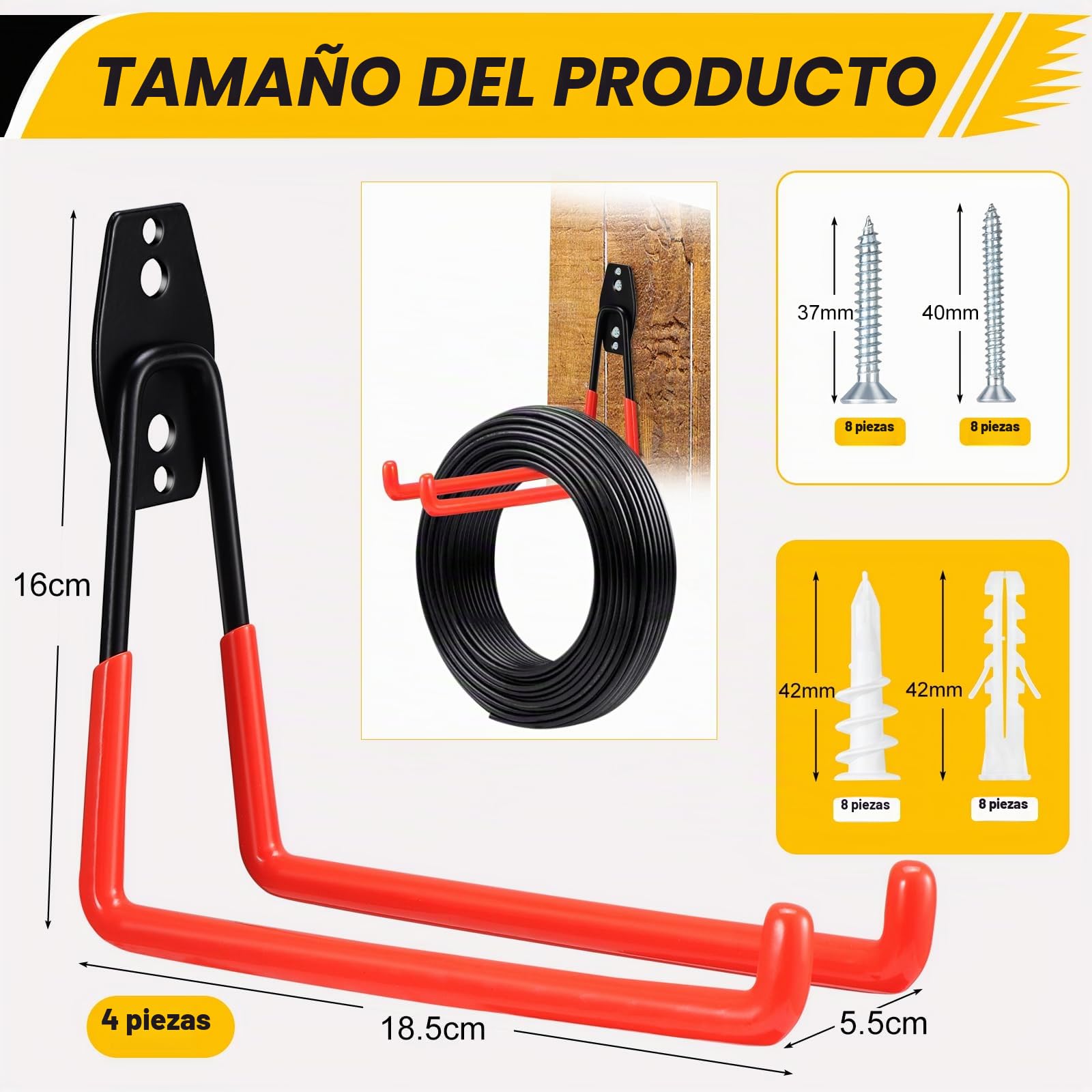 4 Ganchos de Garaje Resistentes para Colgar Herramientas, Ganchos de Almacenamiento para Garaje, Ganchos Garaje para Montaje en pared para Organizar Herramientas de Garaje y Jardín (naranja)