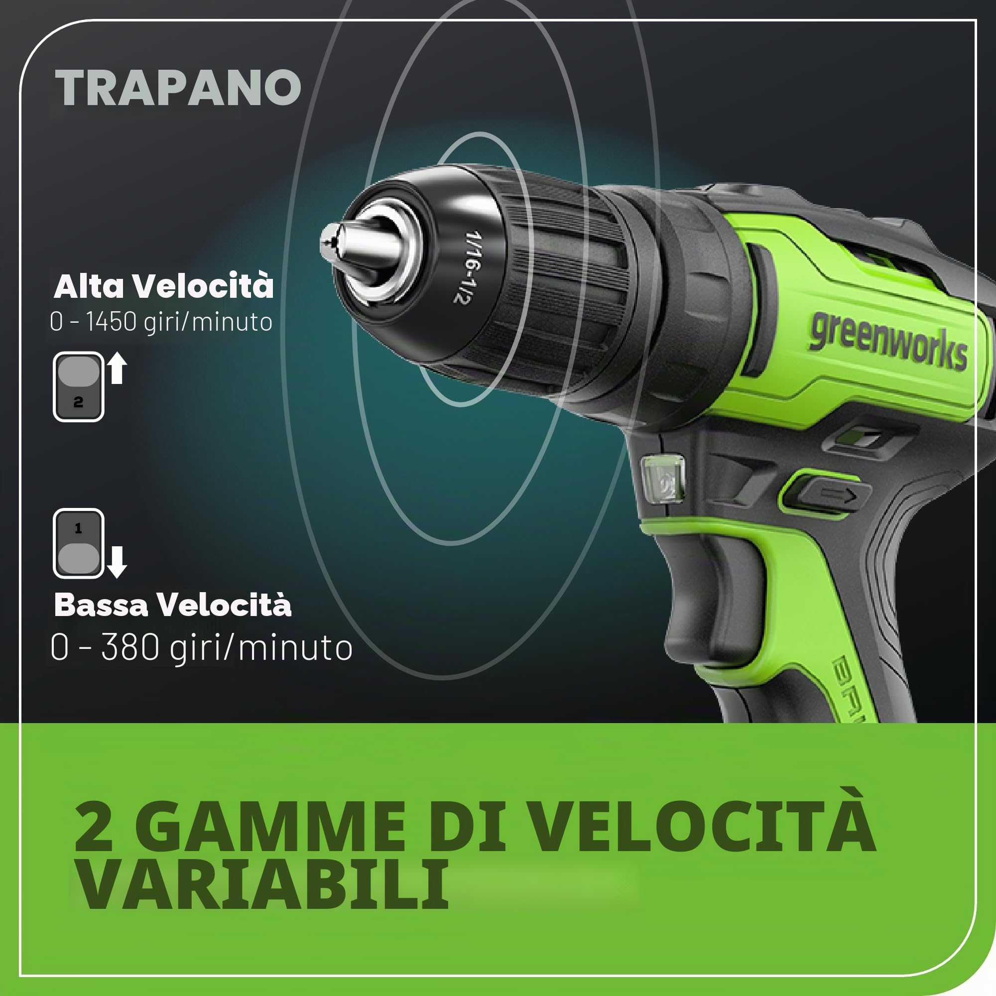 Greenworks Set di attrezzi a batteria da 24 V, trapano avvitatore a percussione 35 Nm, batteria da 2 Ah, caricabatterie
