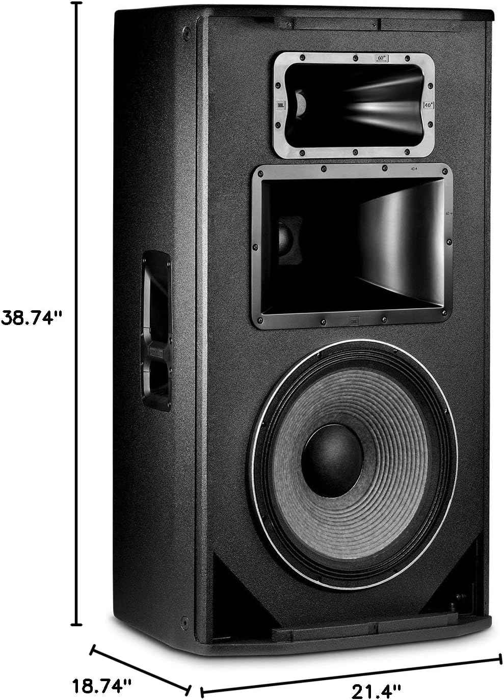 Dimensions of the JBL SRX835P speaker: 38.74 inches H x 21.4 inches W x 18.74 inches D.