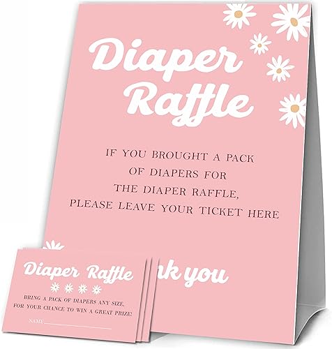 Juegos de baby shower, 1 letrero de pie para rifas de pañales con 50 boletos para rifas de pañales, decoración y suministros para fiesta de