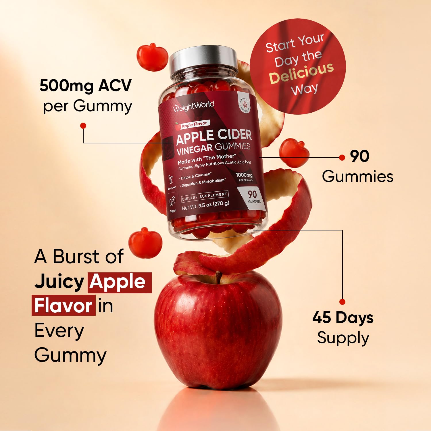 WeightWorld Apple Cider Vinegar Gummies with Mother 1000mg | 45 Days Supply — Amazon image 8