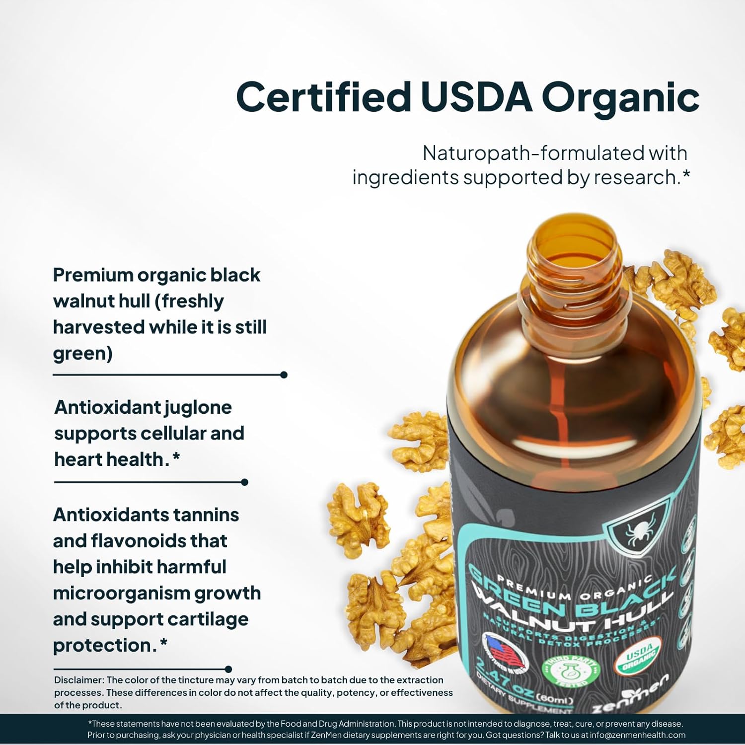Zenmen Organic Green Black Walnut Hull Tincture - Highly Potent Formula, Source of Antioxidants - 2.37 fl oz / 60ml, Vegan, Manufactured in The USA - Image 6