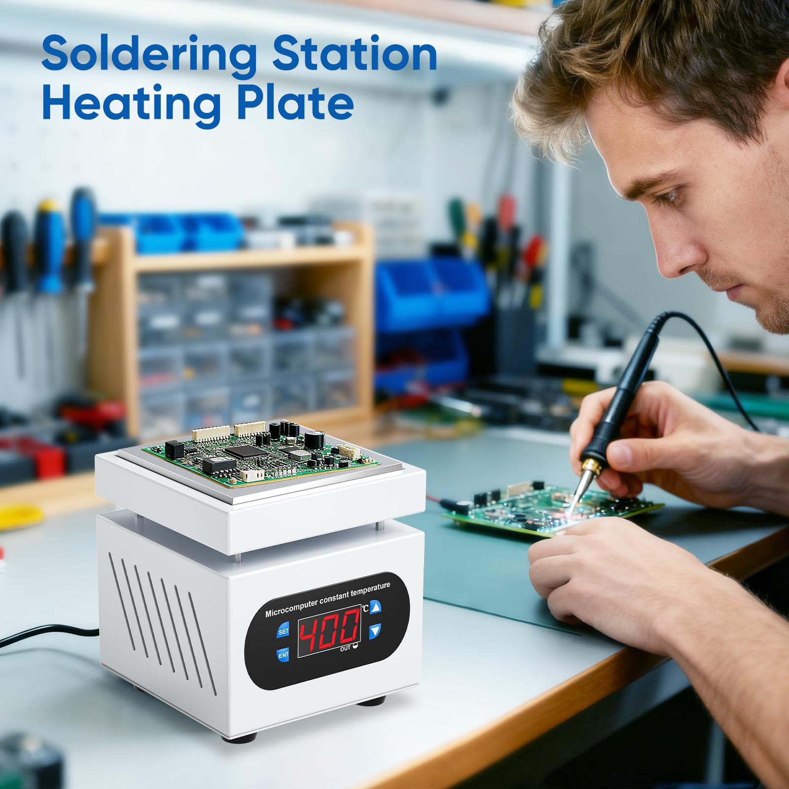 Station de chauffage PCB - 350 W - Plaque chauffante électrique - 100 x 100 mm - 0-400 °C - Station de préchauffage - Micro-ordinateur LED - Préchauffage électrique - Pour réparation d'écran et