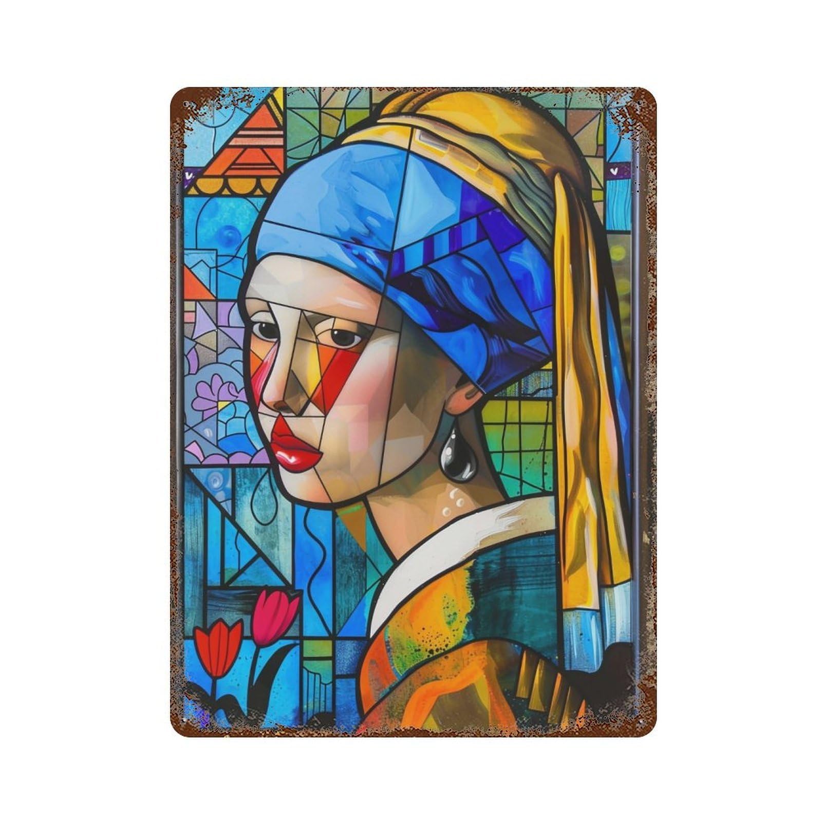 YHGERTKU Geometric Cubist Girl with A Pearl Earring 04 Wall Art Retro Iron Vintage Metal Tin Sign Poster Modern Decor for Living Rooms Gift 40x30cm