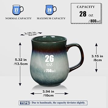 28 oz Extra Large Ceramic Coffee Mug with Big Handle (Ink Green)