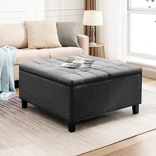 Miniatura 8 de Mesa de centro otomana con elevador, otomana cuadrada con almacenamiento, tela de lino y patas de madera, reposapiés tapizado con asiento acolchado