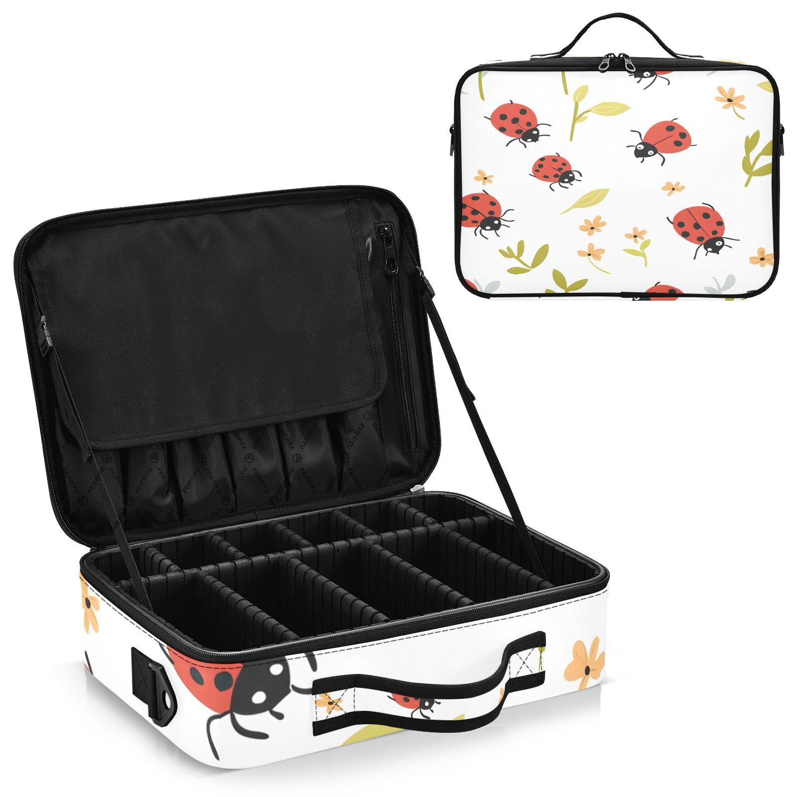 zyrtty Travel Makeup Train Case Ladybug Flowers Plants Pattern Cosmetic Organizer Portable Storage Bag with Adjustable Dividers for Cosmetics Brushes Toiletry Jewelry Digital Accessories