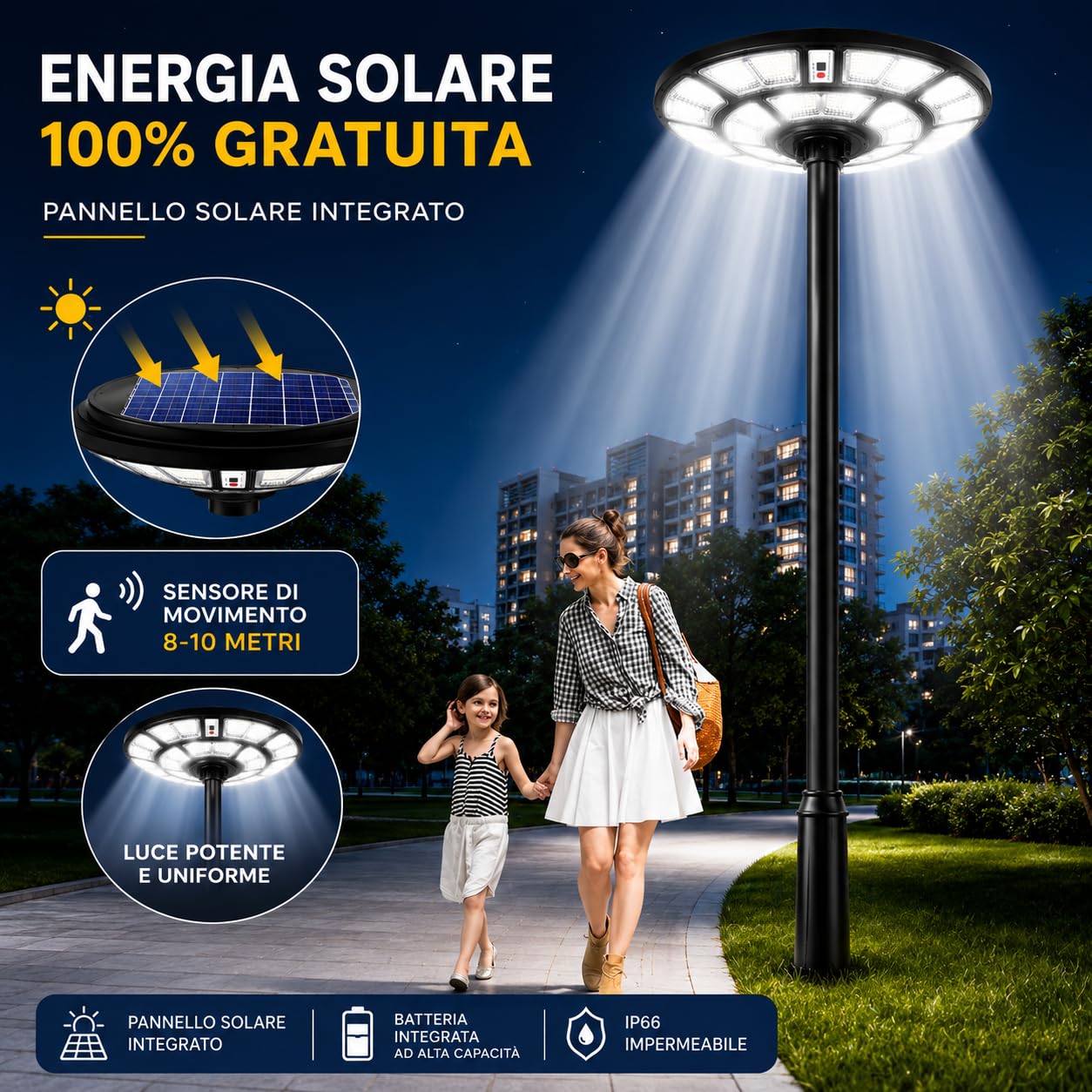 Generico Lampione Solare Esterno 2000 Watt, LED Stradale Giardino UFO con Telecomando, Sensore Movimento, Crepuscolare, IP66, Luce Fredda, Faretto Solare Alta Efficienza