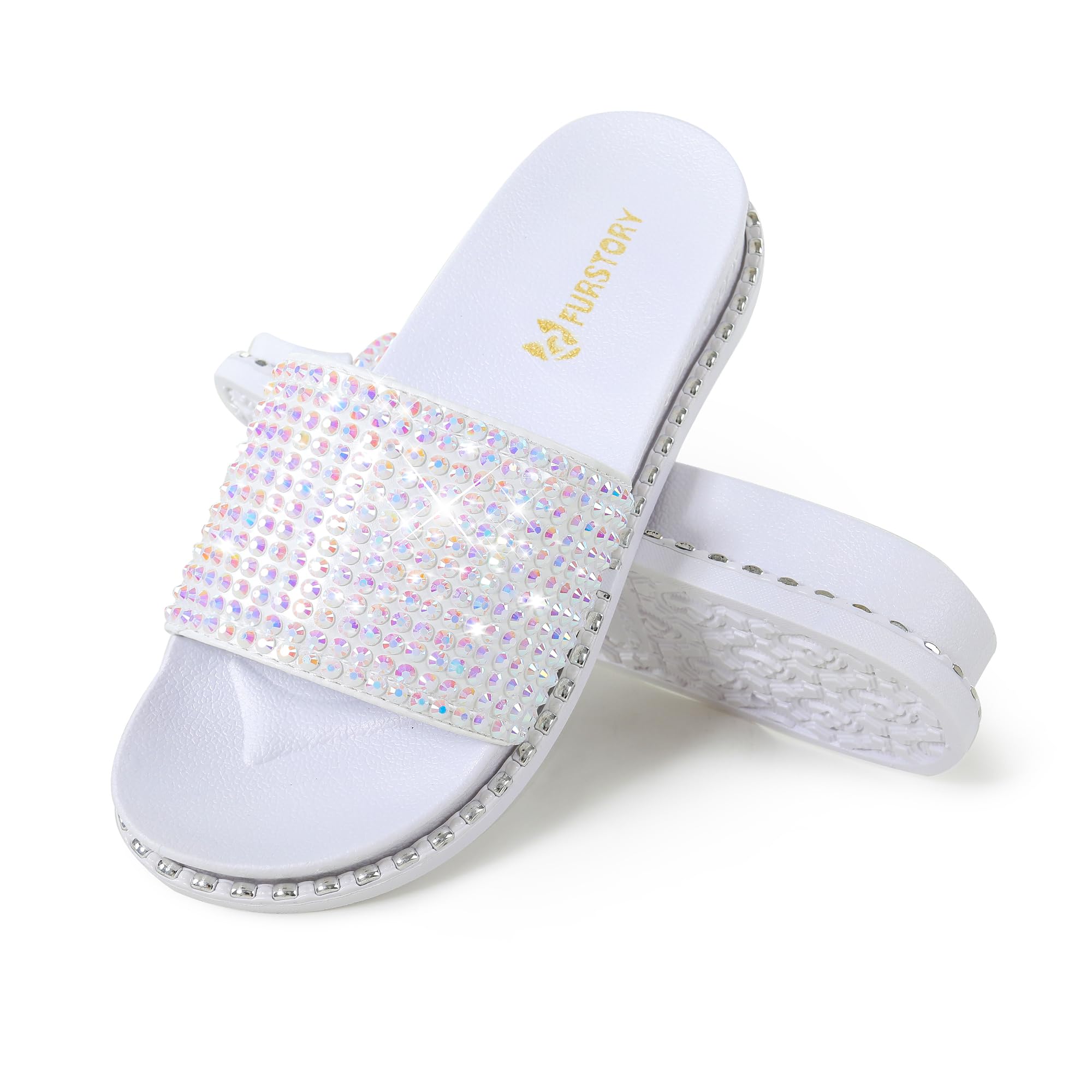 Fur Story Womens Slides House Slippers Rhinestone Glitter Slides Cute bling Flat for Women Platform Sandals Cozy Bedroom Slippers Shower Shoes