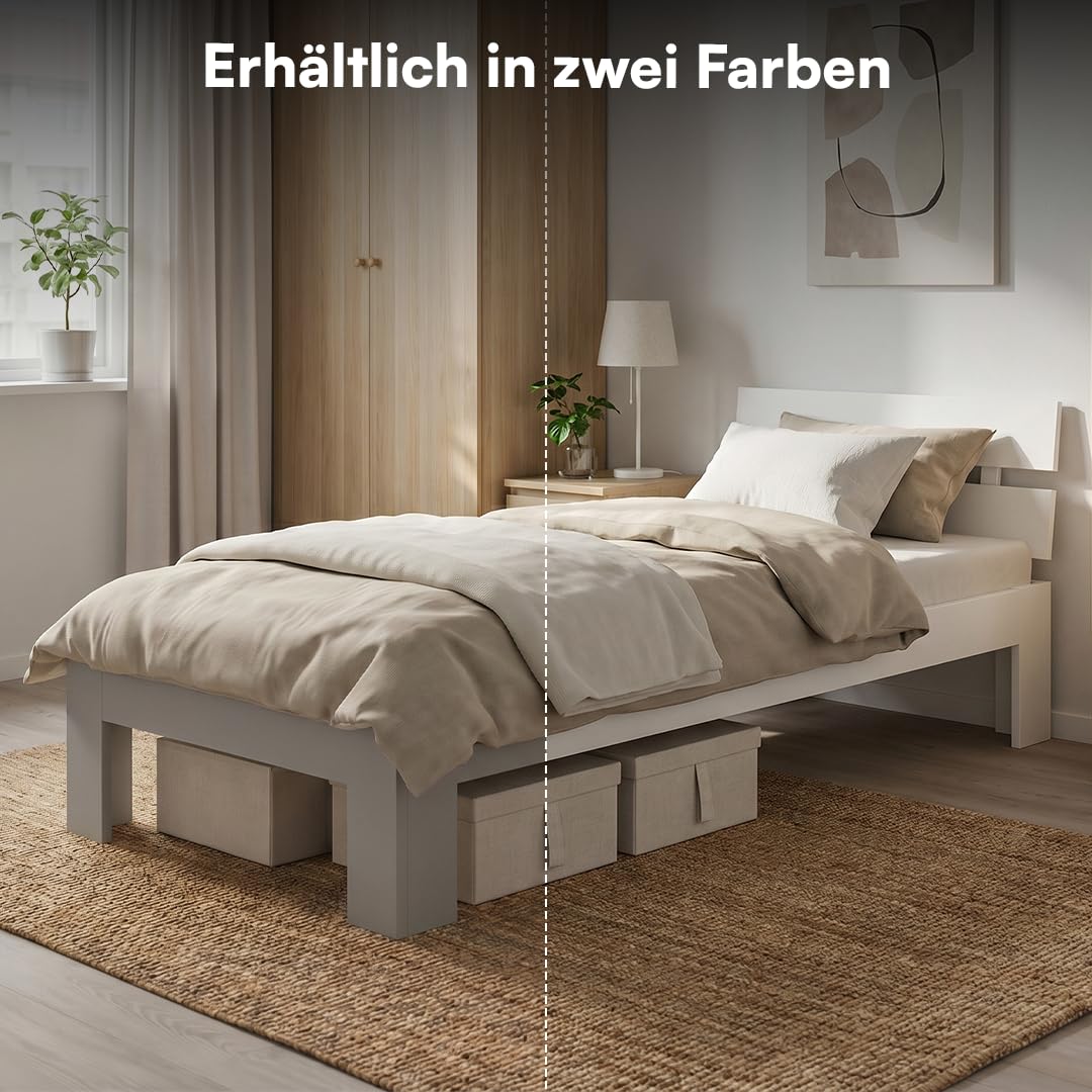 Bellamio Kavir Holzbett 90x200 cm – Massivholzbett mit Lattenrost – Bett aus Kiefer Massivholz in grau lackiert – Bettgestell mit Bettkopf – Stabiler Bettrahmen bis 120 kg – geeignet als Einzelbett