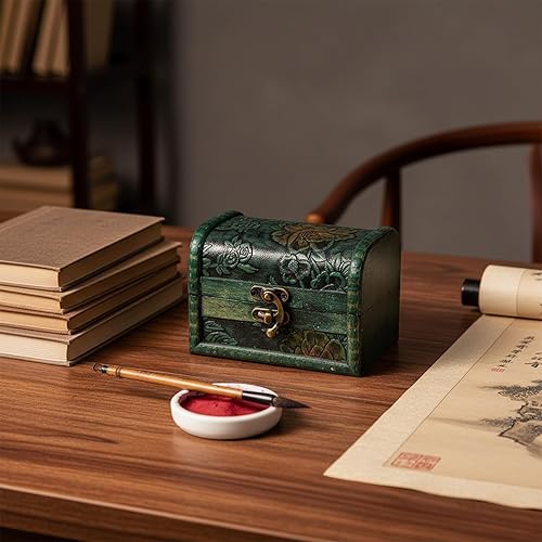 Miniatura 8 de LUOZZY Cofre del tesoro de madera vintage con candado, caja de joyería retro, caja de almacenamiento de joyas, caja de recuerdos pequeña hecha a