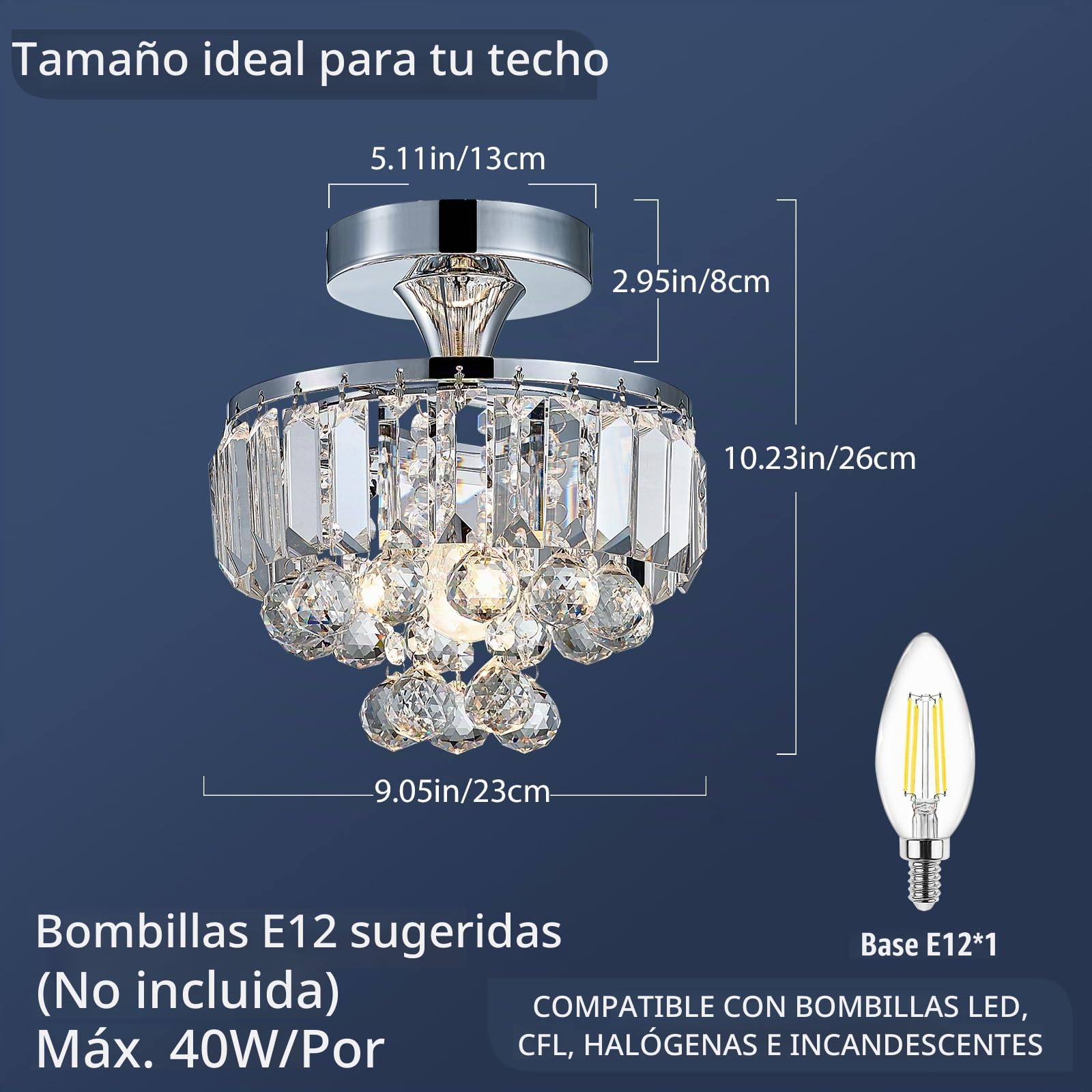 BESTIER Modern Chrome Crystal Semi Flushmount Chandelier Lighting LED Lámpara de luz de techo Lámpara para comedor Cuarto de baño Dormitorio Sala de estar