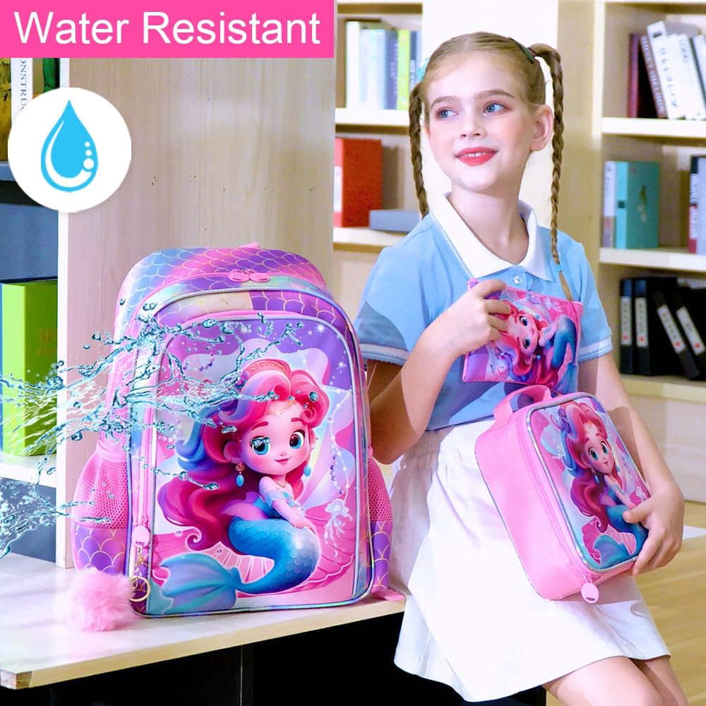 3Pcs Mermaid Backpack for Girls, 16" Kids Bookbag for Elementary Preschool Kindergarten, School Backpacks with Lunch Box(Pink) - Image 8