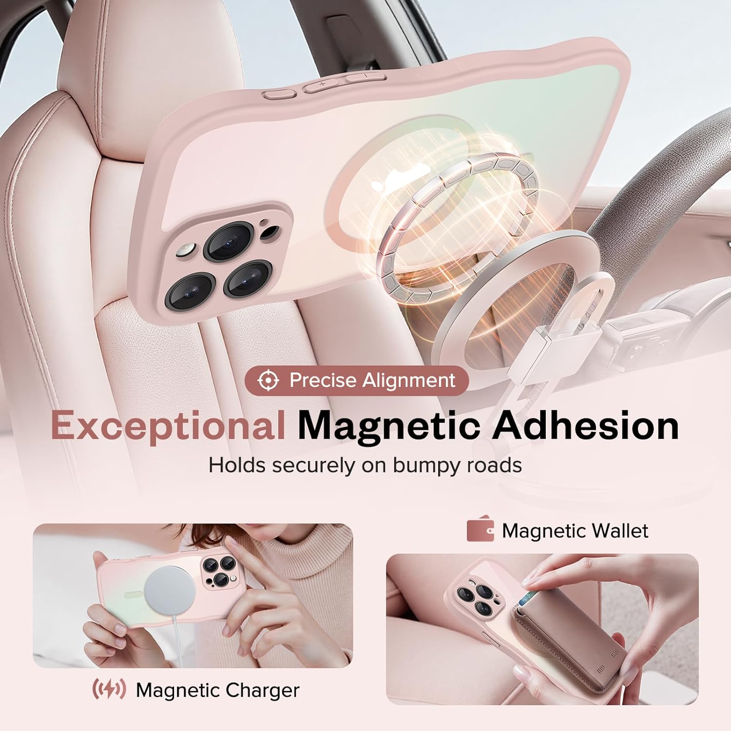 GVIEWIN for iPhone 16 Pro Case Compatible with Magsafe, [Full Camera Protection] [Not Yellowing] Wavy Frame Shockproof Gradient Glitter slim Women Phone Cover with Camera Control, Gradient Pink Orange - Image 3