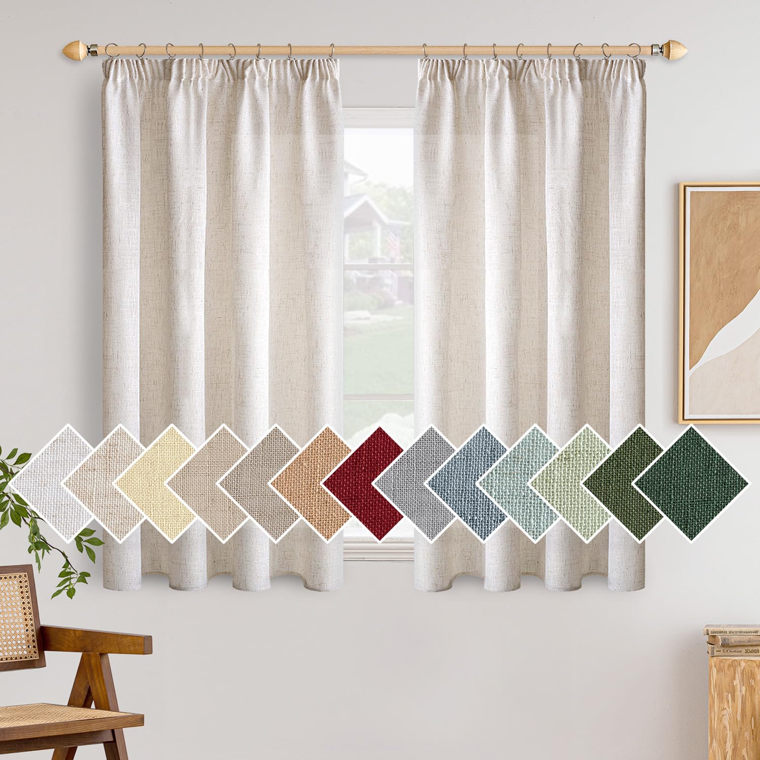 Woaboy Cortinas Lino Cortas con Cinta Fruncidora Visillos Dormitorio Ventana Translúcido Cortinas Modernas para Salón Habitación 2 Piezas 140x160cm Blanco Blanqueado
