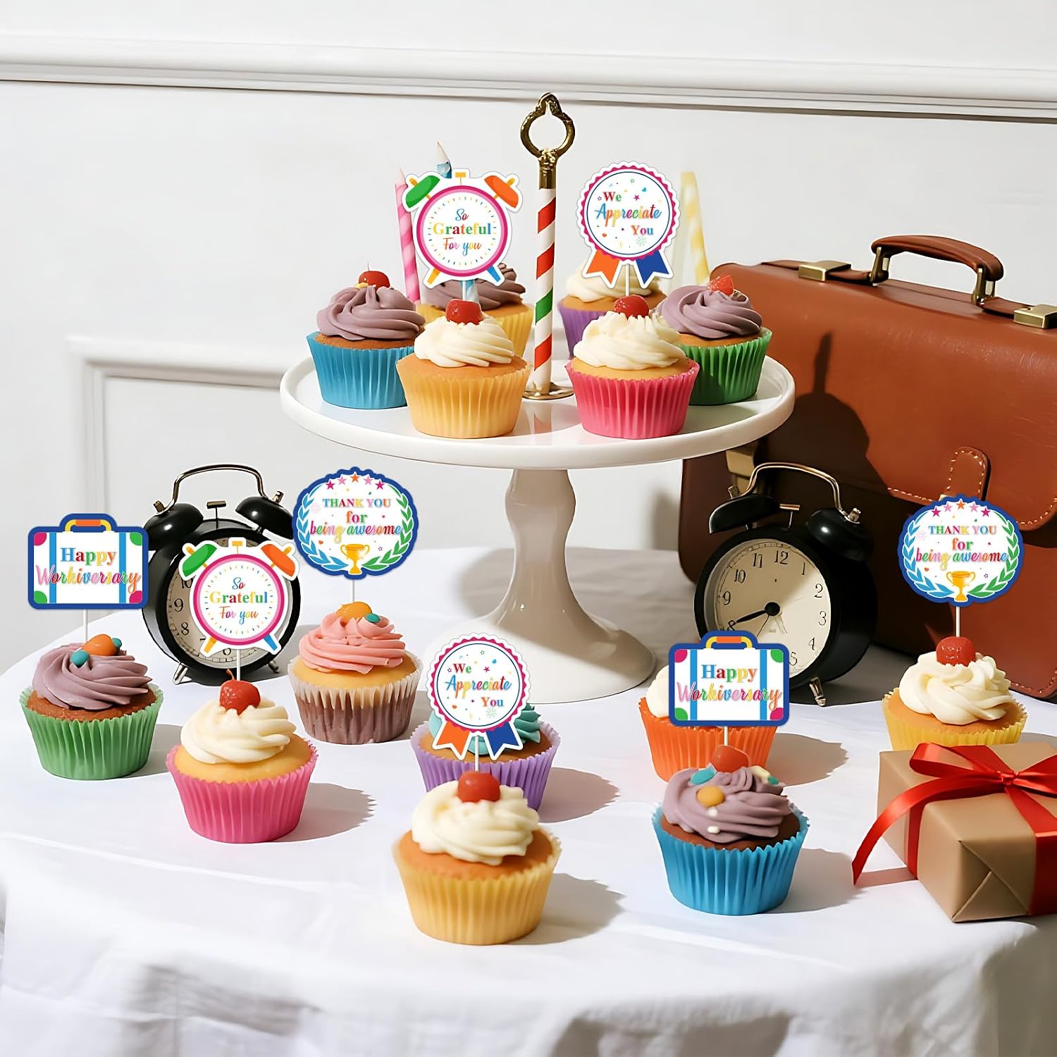 Happy Work Anniversary Decorations Colorful, 36pcs Happy Workiversary Cupcake Topper Double-sided Printed Cake Decorations for Employee Worker Office Anniversary Party Supplies image 2