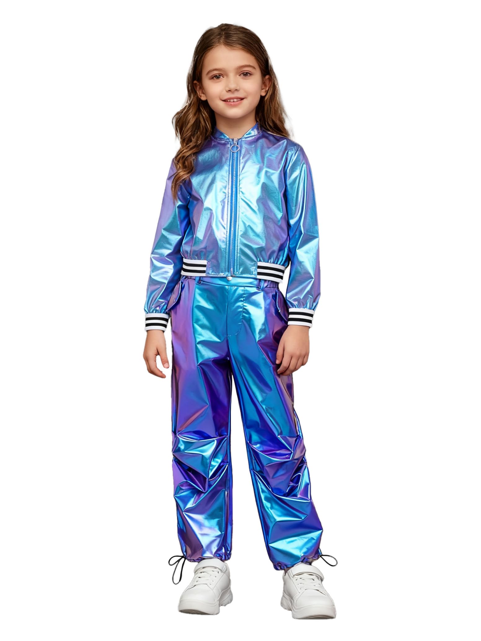 inlzdz Conjunto Brillante De Baile Moderno Jazz para Niñas Abrigo Metálico + Pantalones De Chándal Cintura Alta Ropa De Baile Años 90