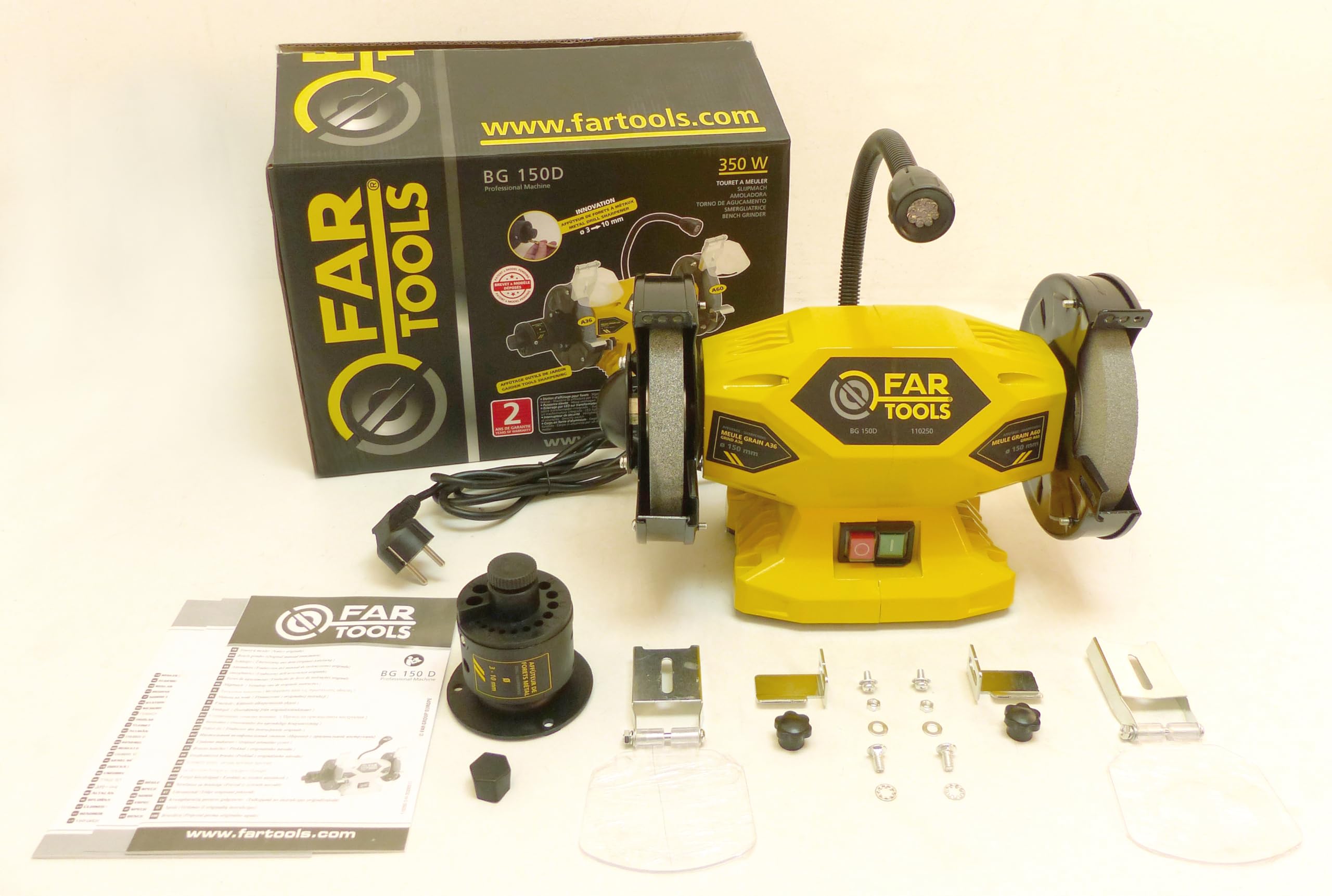 Fartools Touret à meuler 400W, meule-meule 2xØ150mm (grain A36 & A60) avec affuteur de forets, lampe LED, vitesse de rotation 2950tr/min