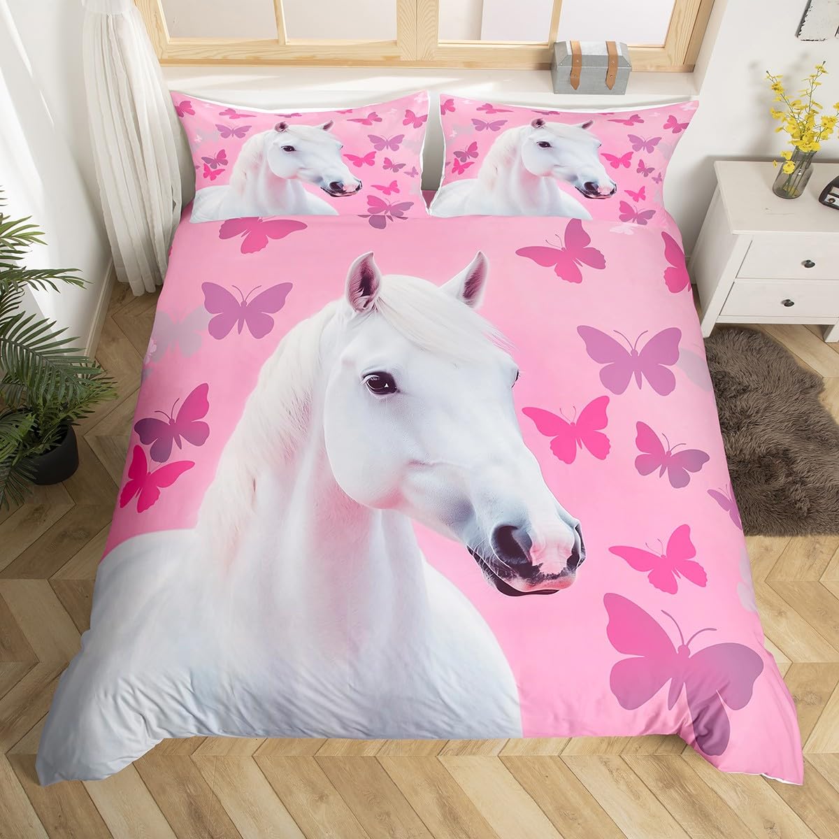 Homemissing Girls' Horse Duvet Cover Set Single Size Pink White Horse Printed Bedding Set Butterfly Flower Duvet Cover with 1 Pillowcase Children'S Women'S Animal Theme