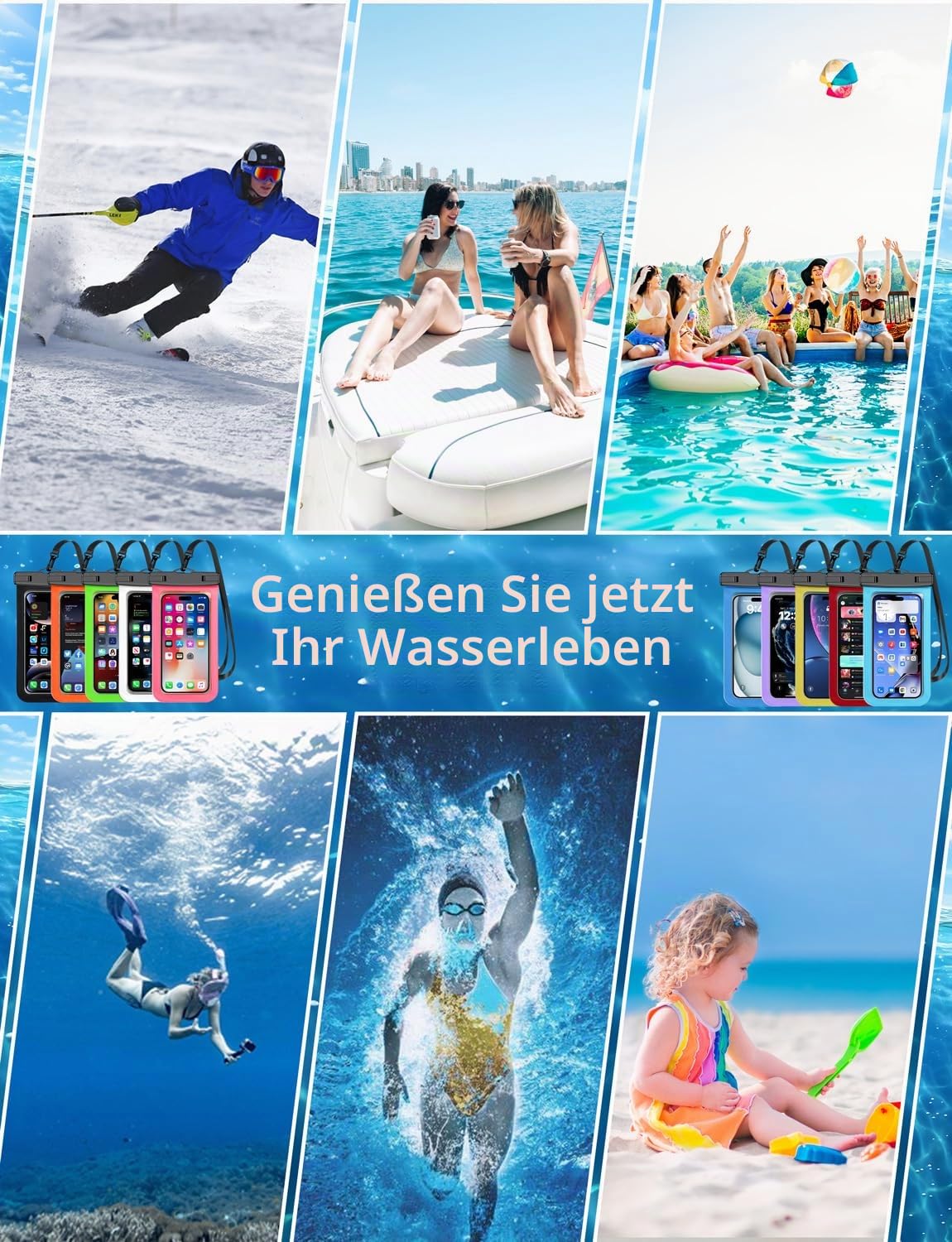 4 Stück Mehrfarbige Allgemein Wasserdichte Handy tasche,Wasserdichte Handy hülle Trocken sack (Schutz stufe: IP68) Outdoor-Sport für Apple iPhone,Samsung und bis zu 7,5 Zoll (Schwarz,Blau,Rosa,Orange)