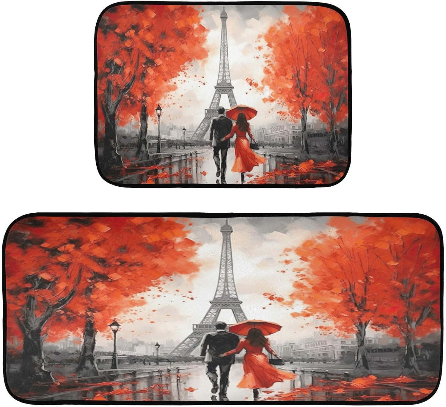 Kigai Red Paris Street Anti Fatigue Mats for kitchen floor,Set of 2 Non Skid Washable Waterproof Anti Kitchen Floor Mats for Kitchen Office Laundry Room Bathroom (19"x27"+19"x47")