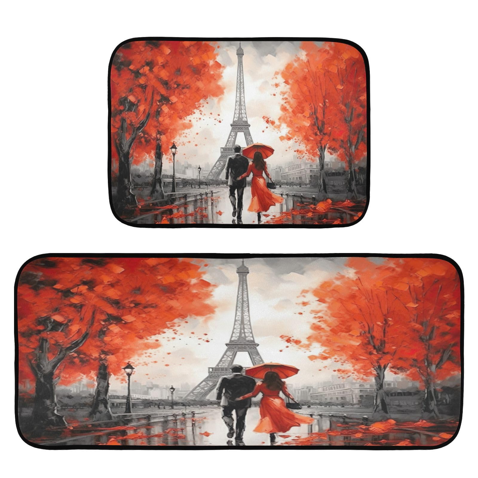 Kigai Red Paris Street Anti Fatigue Mats for kitchen floor,Set of 2 Non Skid Washable Waterproof Anti Kitchen Floor Mats for Kitchen Office Laundry Room Bathroom (19