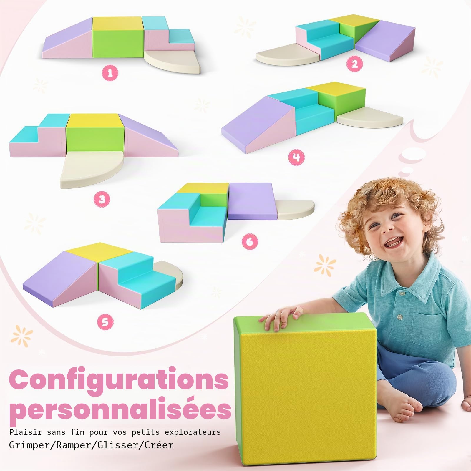 Lot de 4 blocs d'escalade en mousse - Couleurs macaron - Jouet souple - Blocs de construction combinables avec fermeture - Jouet éducatif sûr pour enfants - Intérieur et crèche