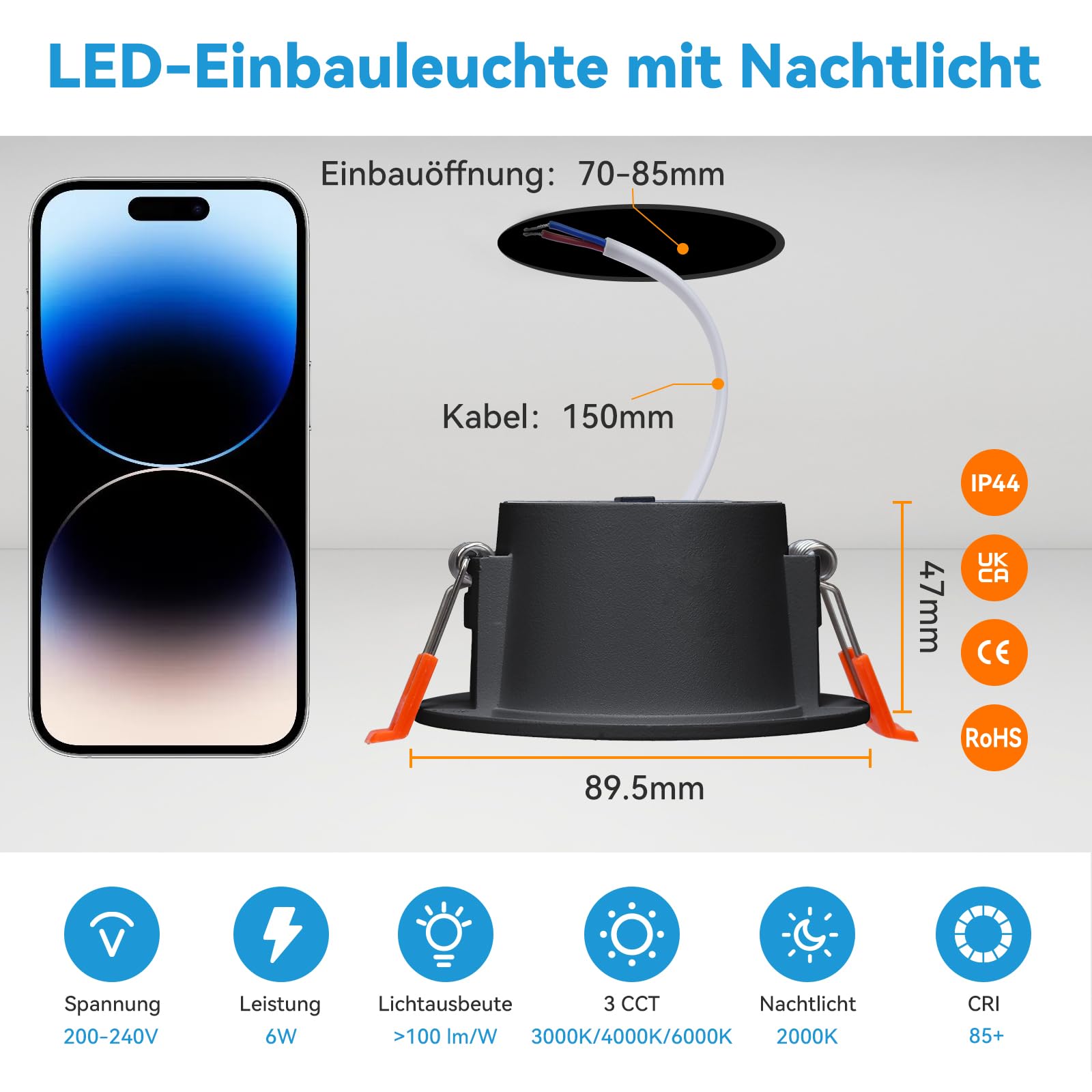 KEELED Schwarz Einbaustrahler LED 6W, mit Nachtlicht 1.5W, LED Spots 230v, 3000K/4000K/6000K Wählbar, Schnittloch 70-85mm, IP44, Gehäuse aus Aluminiumdruckguss, 12er Set