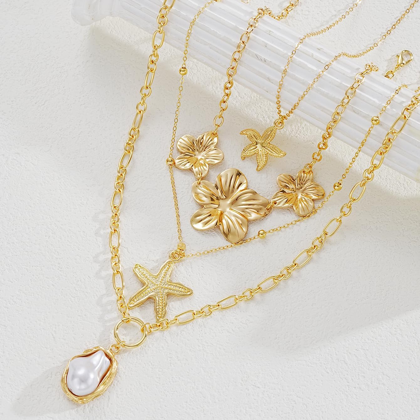 Gold Starfish Necklace for Women Gold Starfish Flower Shell Peral Pendant Layered Stackable Necklace Summer Beach Jewelry - Image 6