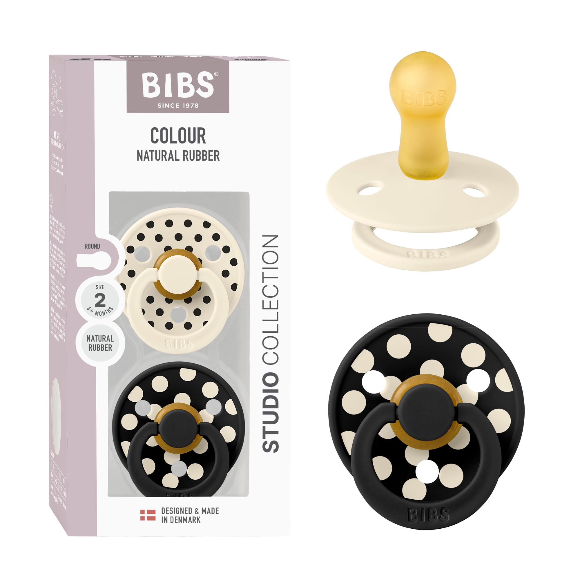 BIBS Polka Dots Schnuller 2er-Pack, BPA-frei, Kirschform Nippel. Naturkautschuk/Latex, Hergestellt in Dänemark, Größe 2 (6-18 Monate), Ivory/Black