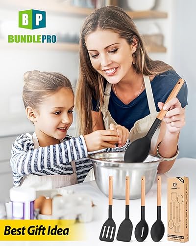 Miniatura 7 de Juego de 4 utensilios de cocina de silicona, espátulas sólidas antiadherentes y cucharas ranuradas resistentes al calor con mango de madera, juego