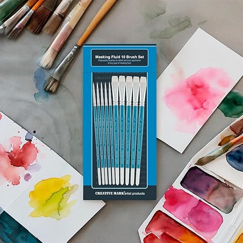 Miniatura 6 de Creative Mark Pinceles de pintura líquida para enmascarar (juego de 10) – Pinceles de acuarela contienen pelo sintético con asas cortas de madera