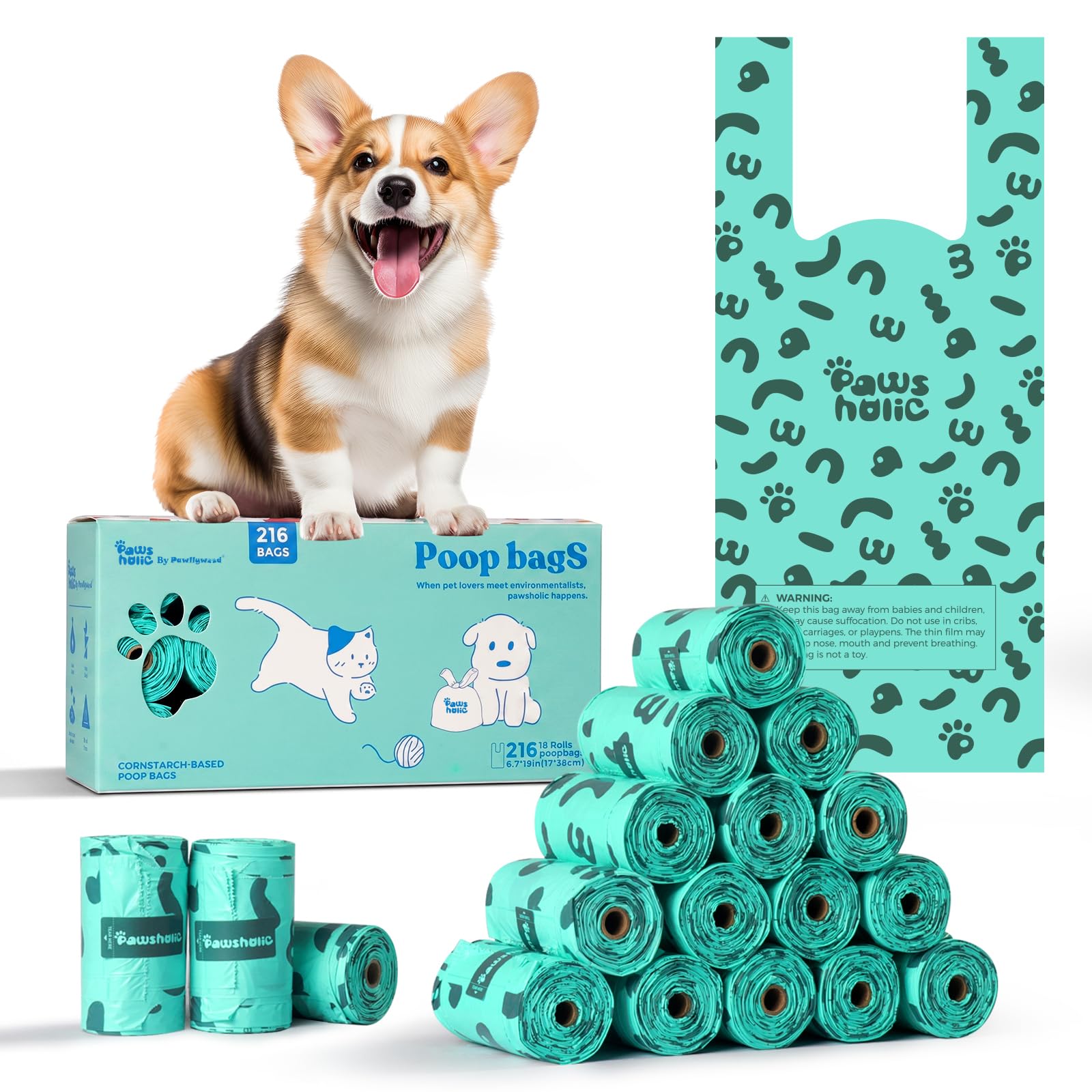 Dog Poo Bags with Tie Handles, 18 Refill Rolls 216 Count, Unscented, Cornstarch Based, Leakproof Pet Waste Bags, Fit Standard Poop Bag Dispensers, For Dog & Cat Litter
