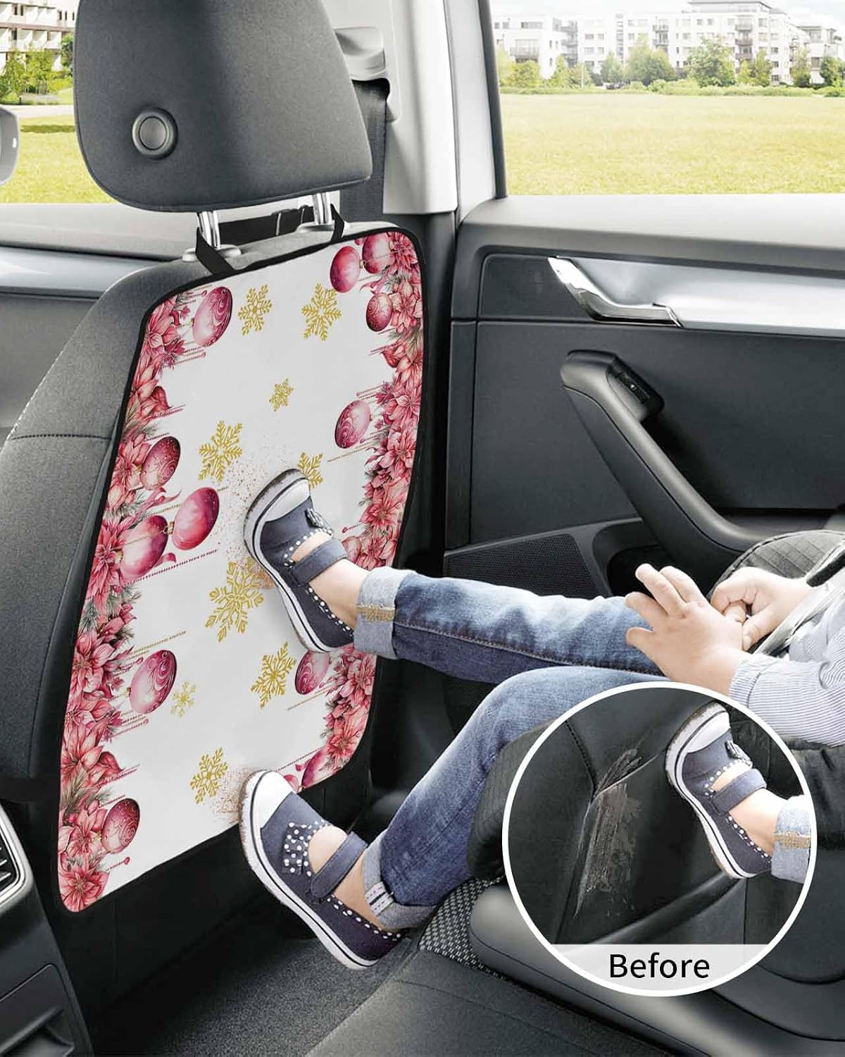 Car Seat Protector, 2 Pack Kick Mats Back Seat Protector Pink Christmas Balls Poinsettia Floral Winter Snowflake Waterproof Backseat Cover for Kids Universal Fit Automotive Interior Protectors