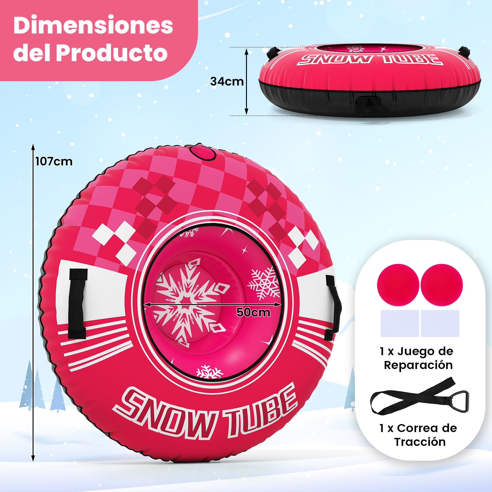COSTWAY Trineo de Nieve Inflable 107 cm con Correa de Remolque Desmontable