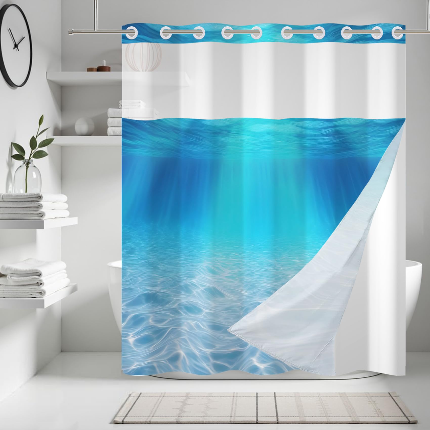 Rideau de Douche 180x210cm sans Crochets avec Doublure à Clipser Motif Monde sous-Marin Double épaisseur imperméable décoratif avec fenêtre Transparente.