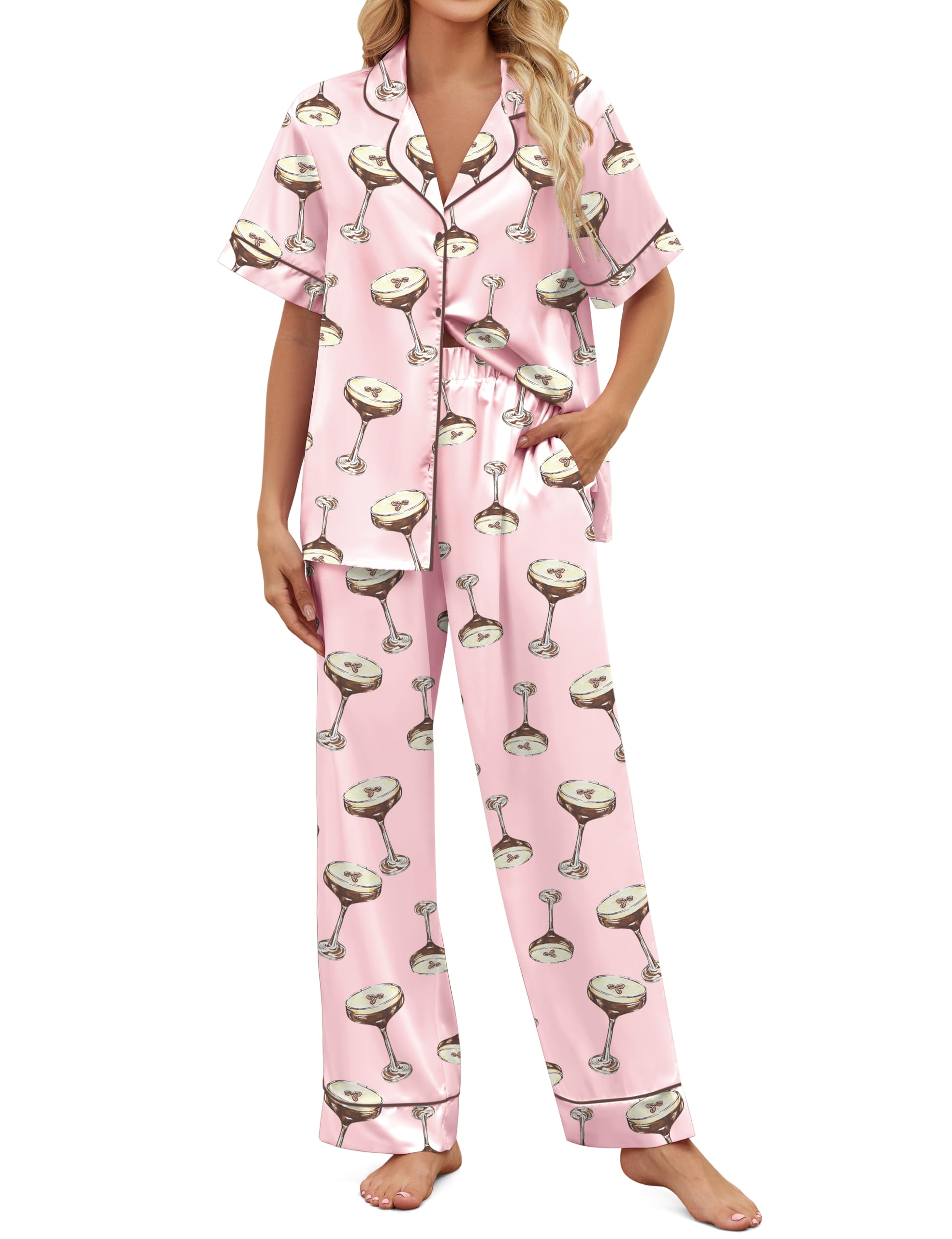 SHESHOW Satin Pajamas for Women Set Button Down Sleepwear Print Pjs Set 2 Piece Short Sleeve Long Loungewear Size XS-XXL