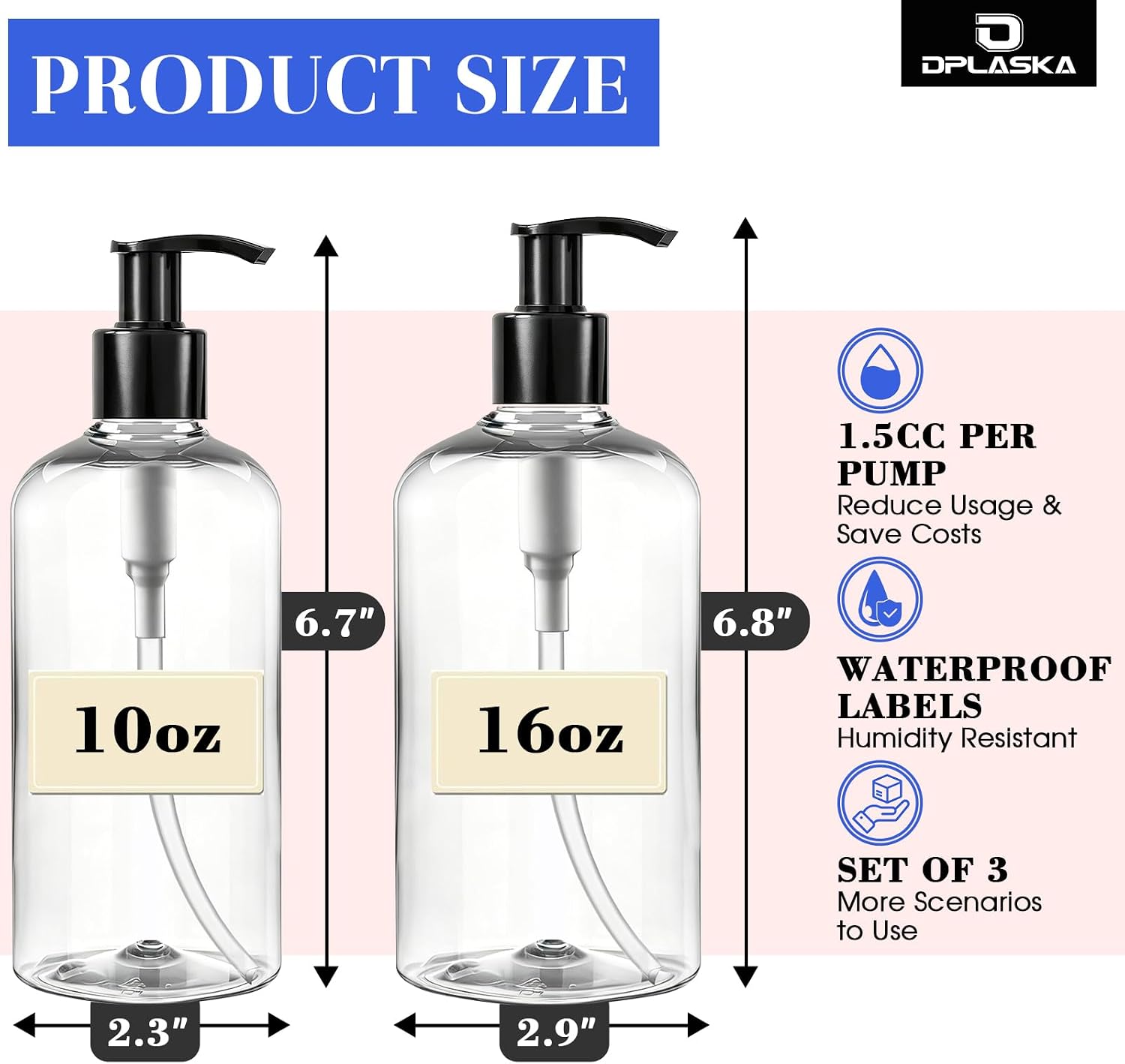 3 Packs Pump Bottle 10oz Empty Shampoo and Conditioner Bottles for Body Wash Lotion Clear Bottle Dispenser with Black Pump