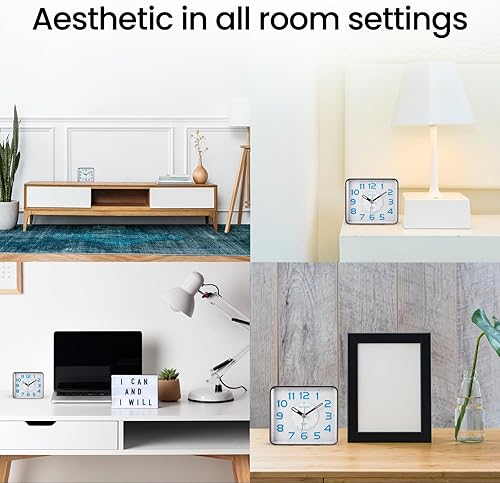 Miniatura 8 de Miykon Reloj despertador analógico cuadrado pequeño – Silencioso sin tictac, funciona con pilas con luz LED y repetición – Escritorio, mesa, viaje