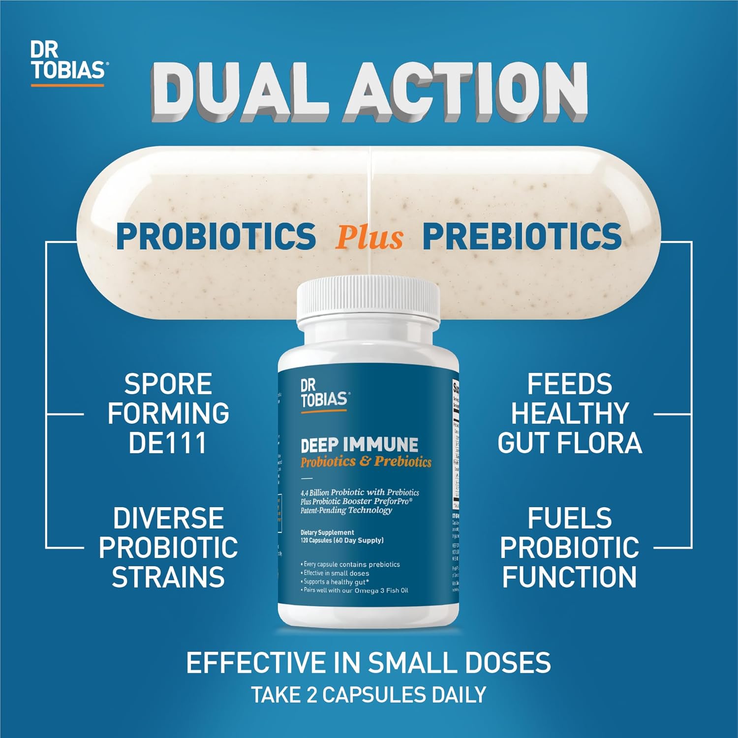 Dr. Tobias Deep Immune Probiotics & Prebiotics - Dual Action Digestion & Immune Support with PreforPro Prebiotics & Spore Forming Probiotics for Women & Men - 120 Capsules (60 Servings) - Image 2
