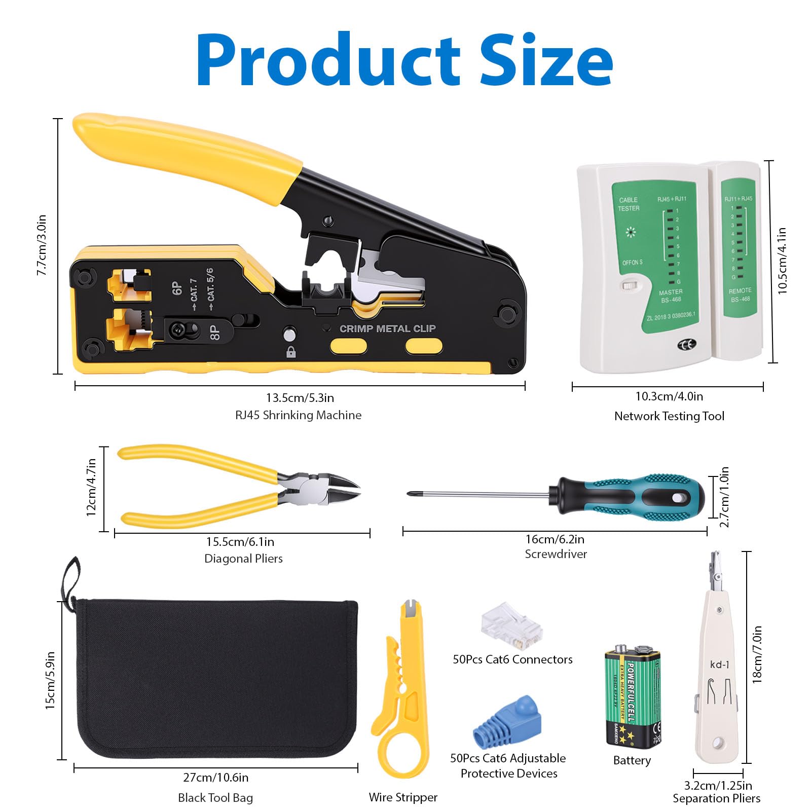 Kit Crimpadora RJ45 Profesional, Herramienta de Crimpado con Comprobador de Cable Pelacables y Conectores Pasantes Cat5 Cat6 Cat7, Alicates de Red para Instalación Reparación
